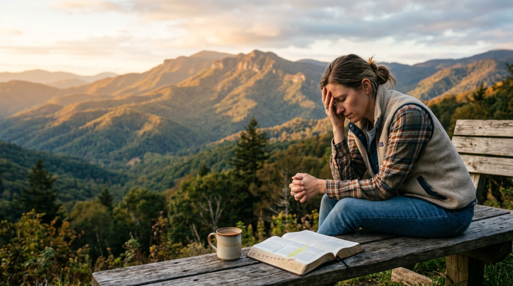 A person looking up at mountains with a sense of hope and seeking divine help, representing the theme of Psalm 121.