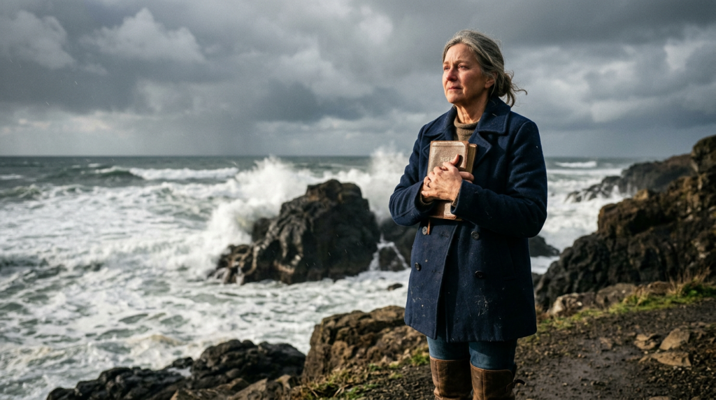 $title$ $focuskw$ A person standing calmly on a rocky shore as a powerful storm rages in the background, symbolizing finding peace in God amidst life's challenges.