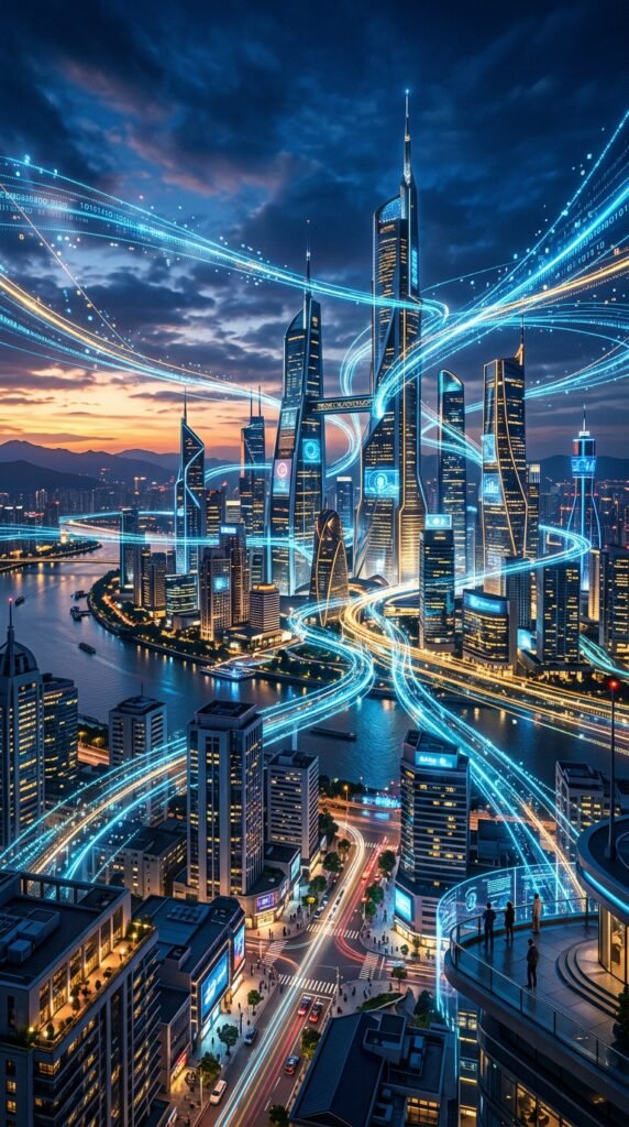 Cidade futurista com fluxos de dados, simbolizando a IA