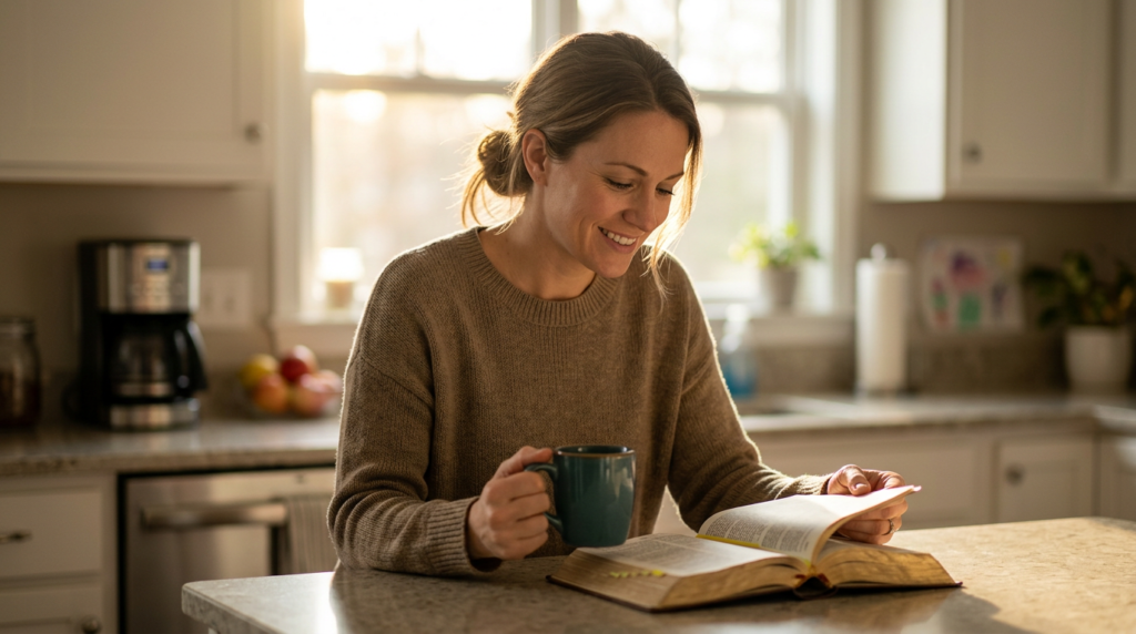 A person looking out at a calm, serene landscape at sunrise, symbolizing peace and new beginnings, with a Bible open nearby.