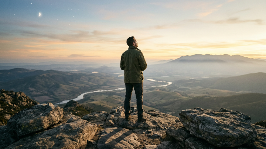 $title$ $focuskw$ A person stands on solid ground, gazing at a hopeful sunrise, symbolizing patient waiting on God amidst life's uncertainties.