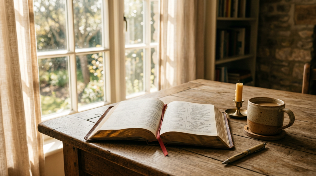 An open Bible on a wooden table, bathed in warm sunlight, with a mug and candle, symbolizing daily biblical reflections and quiet devotion.