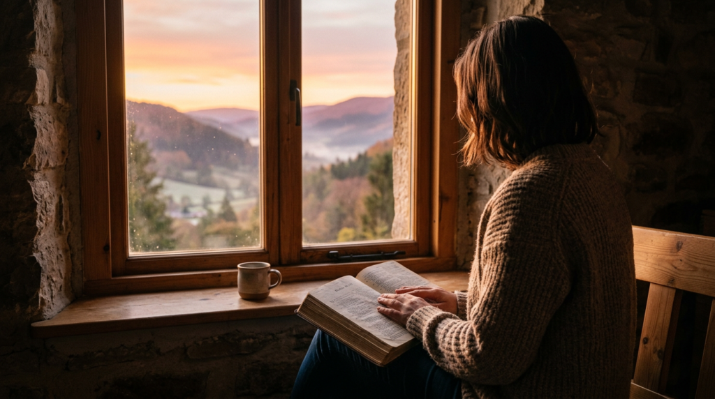$title$ $focuskw$ A person engaged in quiet reflection with an open Bible, symbolizing daily biblical reflections and spiritual stillness.