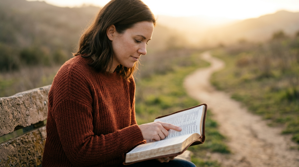 A person with a peaceful expression, holding an open Bible to Proverbs 3:5-6, with a winding path leading to a bright horizon, symbolizing trusting God with decisions and divine guidance.