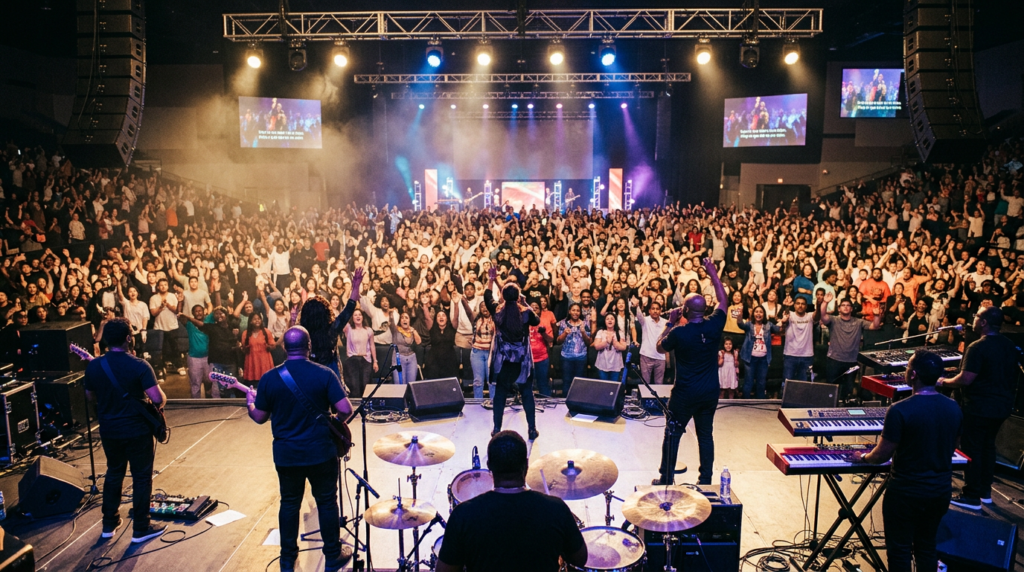 $title$ $focuskw$ A view from behind a gospel music stage during a live event, showing a band and singers performing to a large, engaged audience with hands raised in worship, highlighting the energetic atmosphere of gospel music events.