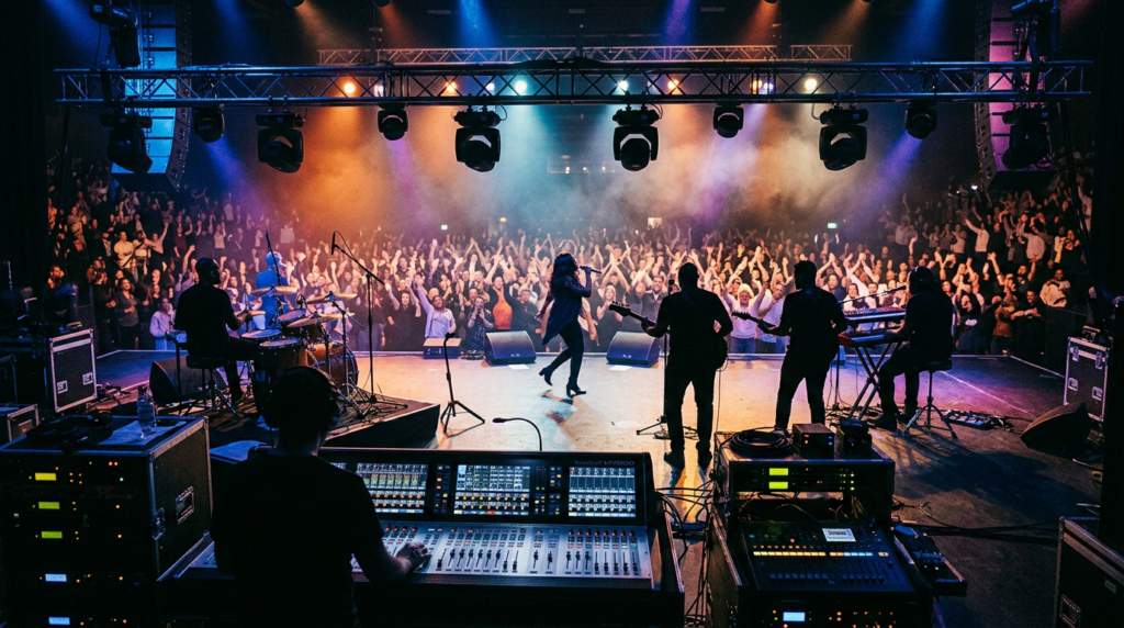 $title$ $focuskw$ A gospel band and singer performing on stage under colorful lights, viewed from behind the scenes, with a large audience in the distance.