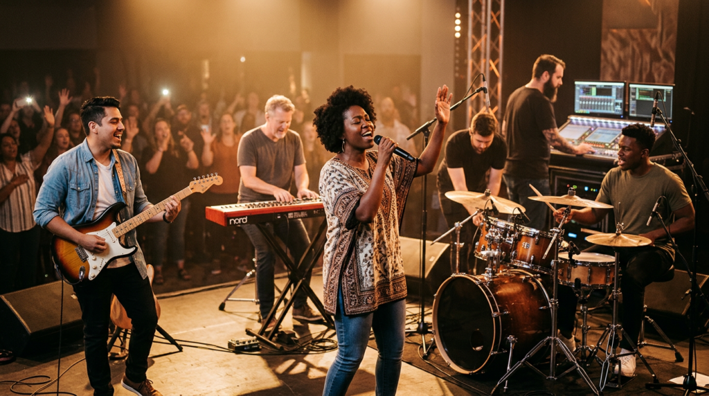 Christian artists and a band performing on stage at a large gospel music event, with backstage crew subtly present, illustrating the collaborative nature of Gospel Music Ministry.
