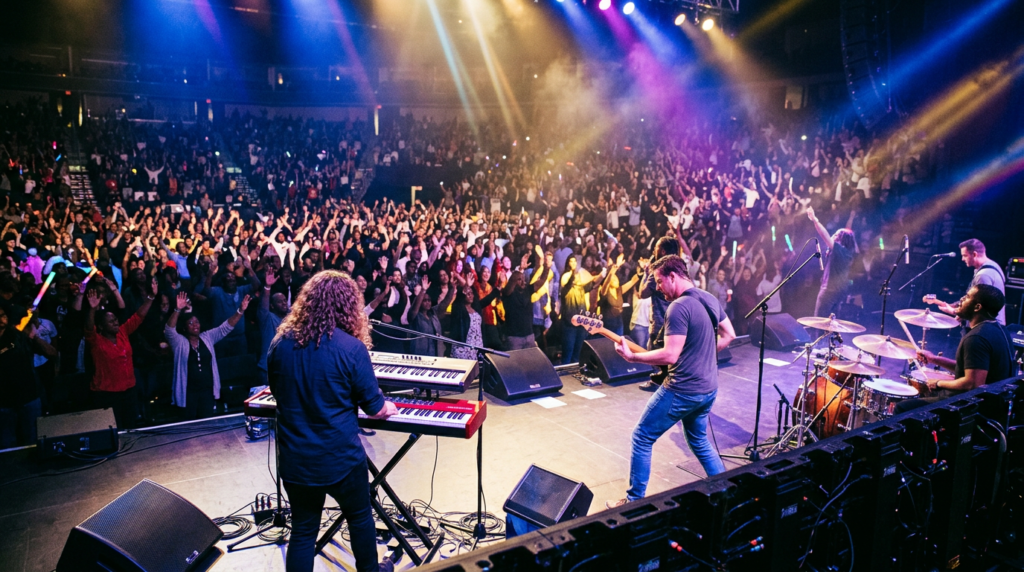 A dynamic gospel music event scene from backstage, showcasing a band performing with bright stage lights and a large, diverse audience raising hands in worship, illustrating the energetic atmosphere of gospel music event ministry.