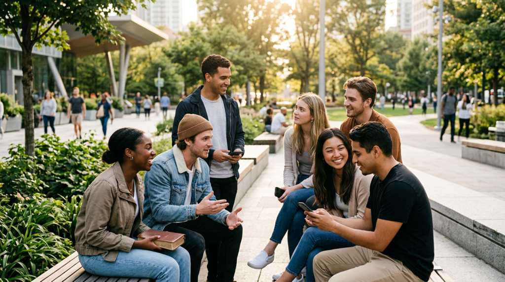 Young adults engaging with technology and each other in a park, reflecting Christian faith in the digital age and modern social dynamics.