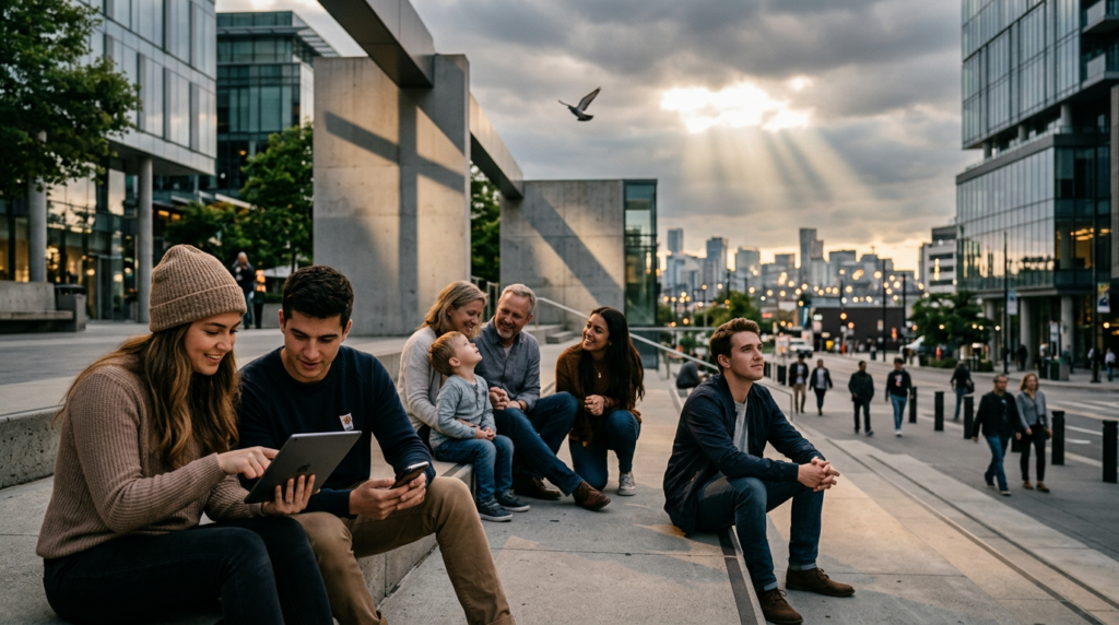 Diverse group of young adults and families navigating a modern urban environment, some using technology, others in thoughtful conversation, with subtle Christian symbolism integrated into the scene, representing Christian faith in modern culture.