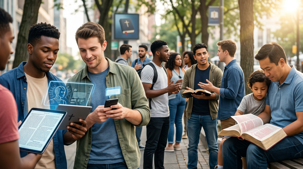 $title$ $focuskw$ Young Christian men and Gen Z individuals engaging with faith, technology, and community. Scenes include street evangelism, studying the Bible on digital devices, and family discipleship, symbolizing Christian faith navigating modern challenges.