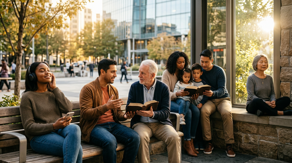 $title$ $focuskw$ Christians demonstrating resilient faith through evangelism, family devotion, mental well-being, and devotional living in a modern, complex world.