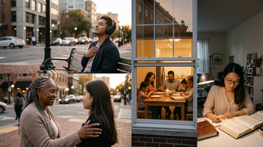 $title$ $focuskw$ Christians demonstrating resilience and faith in a modern, complex world, engaging in evangelism, family devotion, and personal worship.