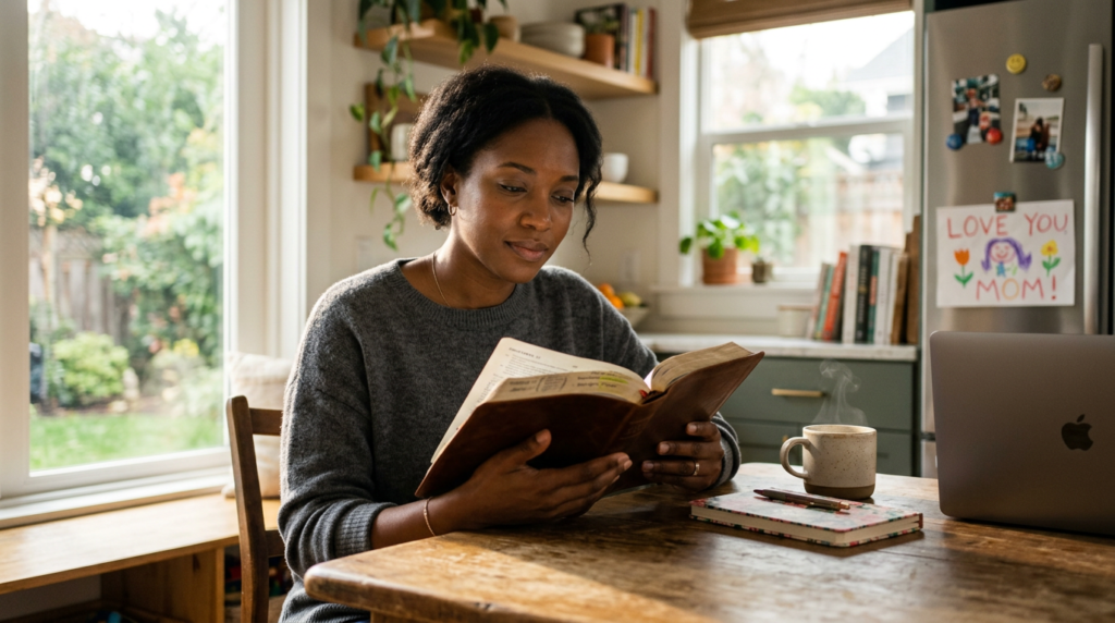 $title$ $focuskw$ A modern Christian woman reading her Bible with a cup of coffee, symbolizing a peaceful daily routine.