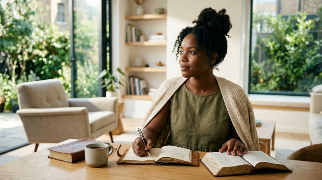 A peaceful modern Christian woman, diverse ethnicity, engaged in her daily devotional, reflecting on Scripture in a calm setting.