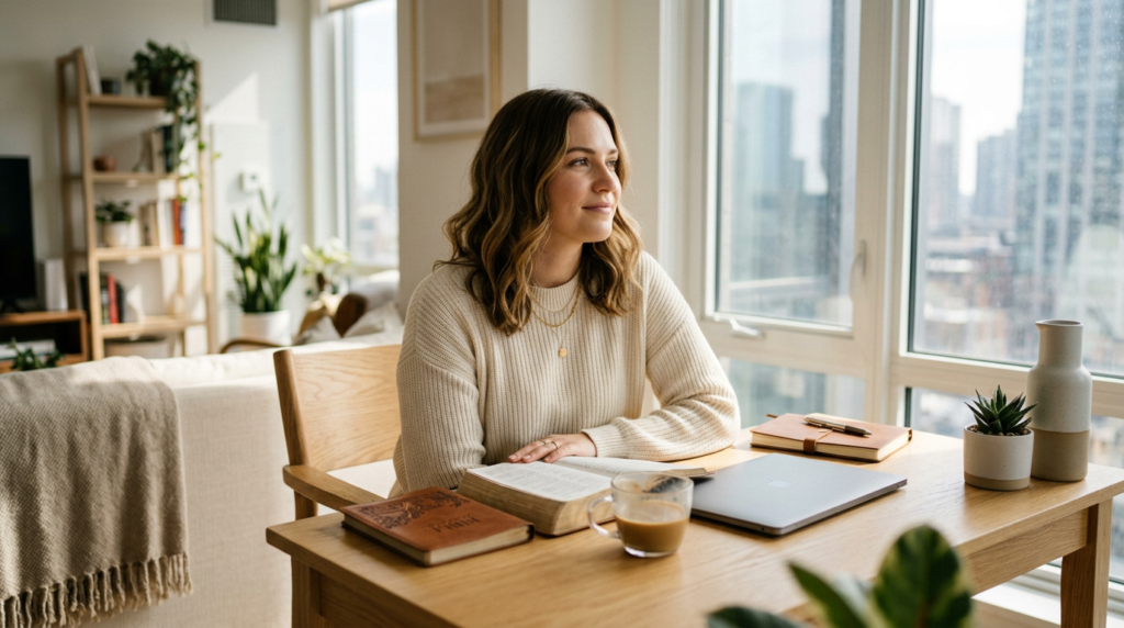 A modern Christian woman peacefully engaging in her daily routine, balancing Bible study and reflection with contemporary life at her desk.