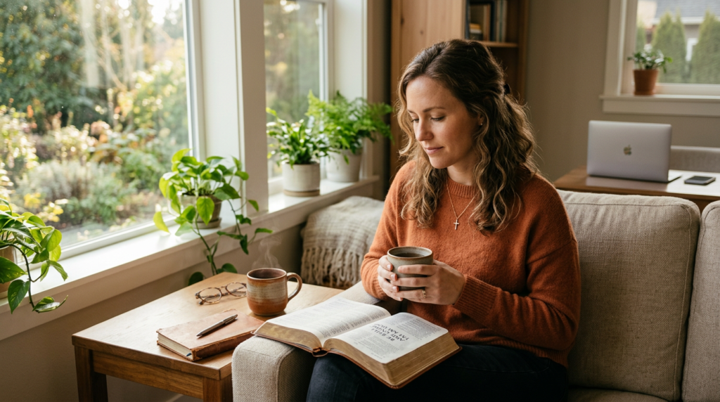 $title$ $focuskw$ A modern Christian woman finds peace and intentionality in her daily routine, reading her Bible in a sunlit room, symbolizing spiritual nourishment amidst life's demands.