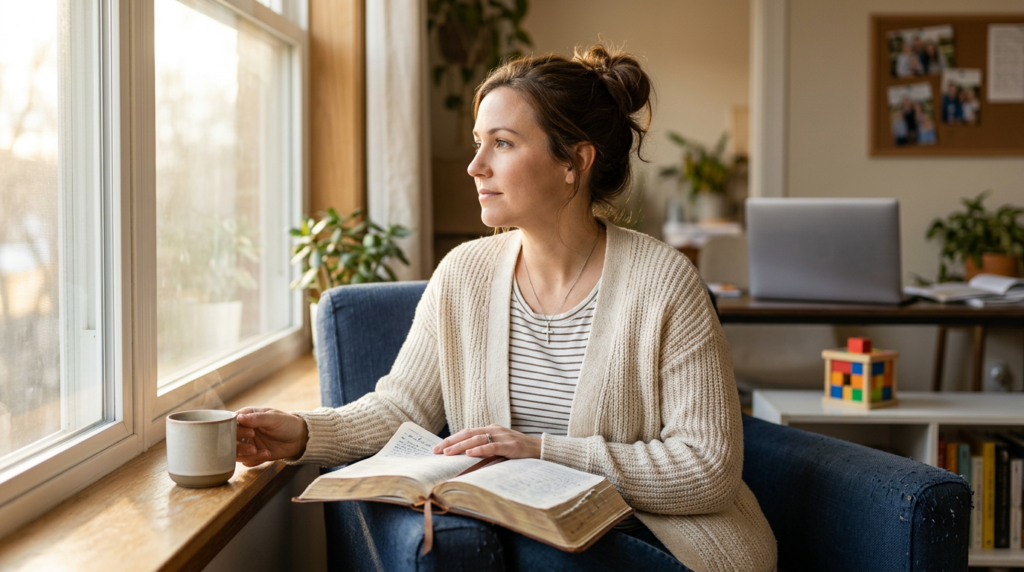 $title$ $focuskw$ A modern Christian woman finds peace during her daily routine, reading her Bible by a sunlit window with a cup of coffee, symbolizing spiritual reflection amidst life's demands.