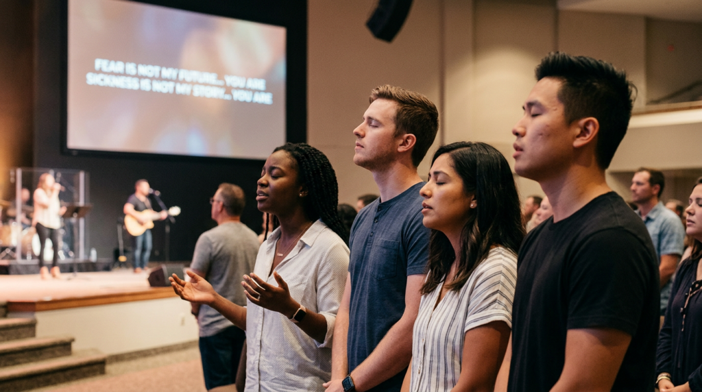 A person with hands raised in worship during a concert or church service, bathed in warm light, symbolizing deep spiritual connection through music.