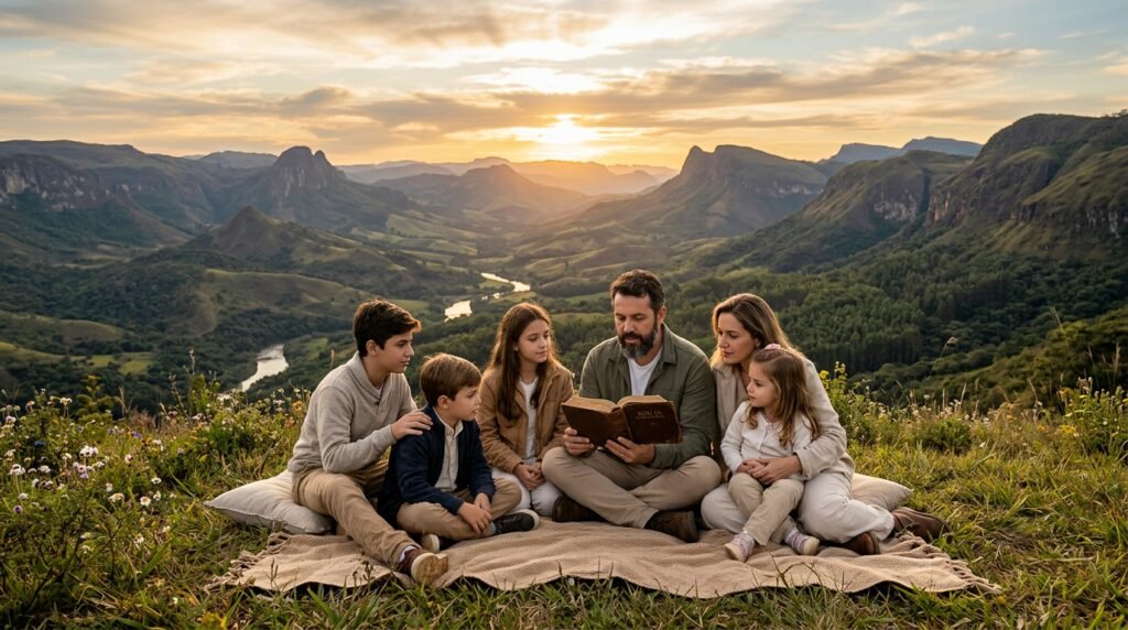 Uma família cristã unida lendo a Bíblia, simbolizando o fortalecimento da fé e o avivamento na Bíblia. A imagem representa a sabedoria divina e a oração como pilares do lar.