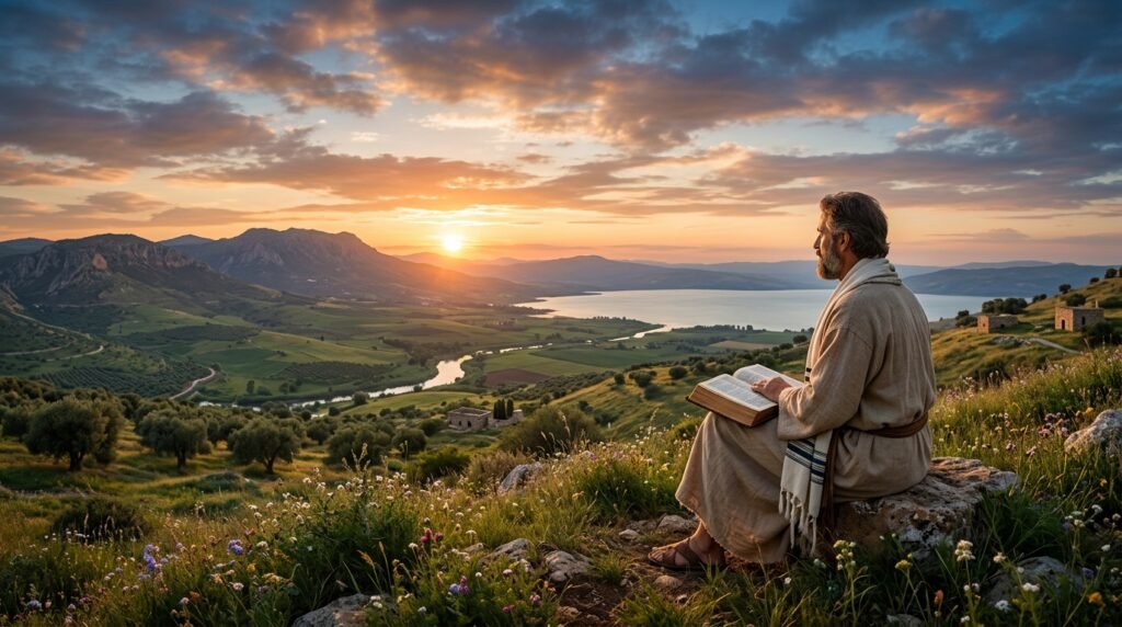 Uma Bíblia aberta sobre uma superfície serena, simbolizando o descanso espiritual e a busca pela paz. Este livro sagrado oferece a palavra de avivamento na bíblia e versículos sobre renovação espiritual, guiando para um recomeço.