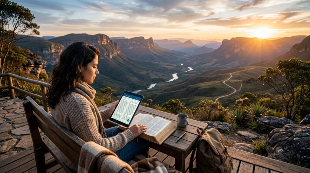 Pessoa lendo a Bíblia online em um tablet, buscando avivamento na bíblia e fortalecimento da fé.