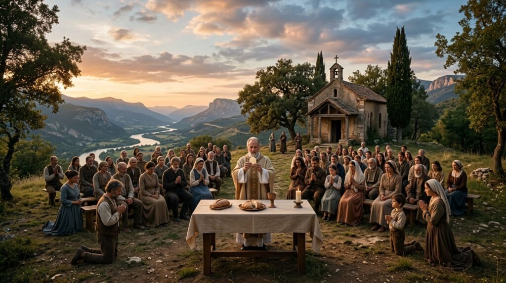 Representação do Corpo de Cristo na Eucaristia, um símbolo de fé e da santa ceia, essencial para a renovação espiritual.