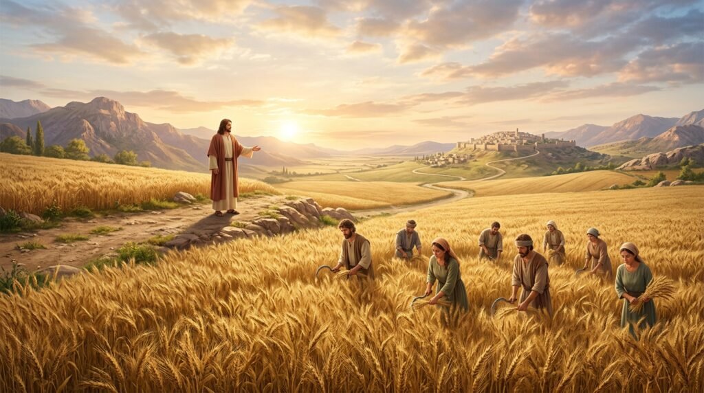 Jesus chamando seus discípulos para a colheita espiritual, simbolizando o convite ao avivamento e a um propósito divino. A imagem reflete a urgência do chamado de Jesus para espalhar a palavra de Deus e fortalecer a fé cristã.