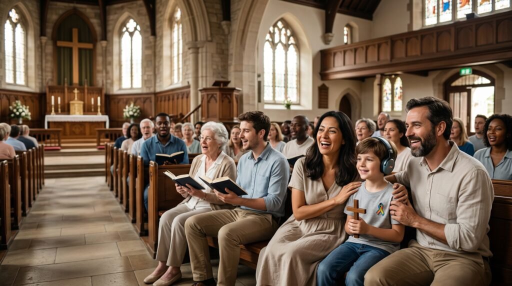 Família com criança autista sendo acolhida calorosamente em uma igreja, representando a inclusão e o apoio da comunidade cristã.