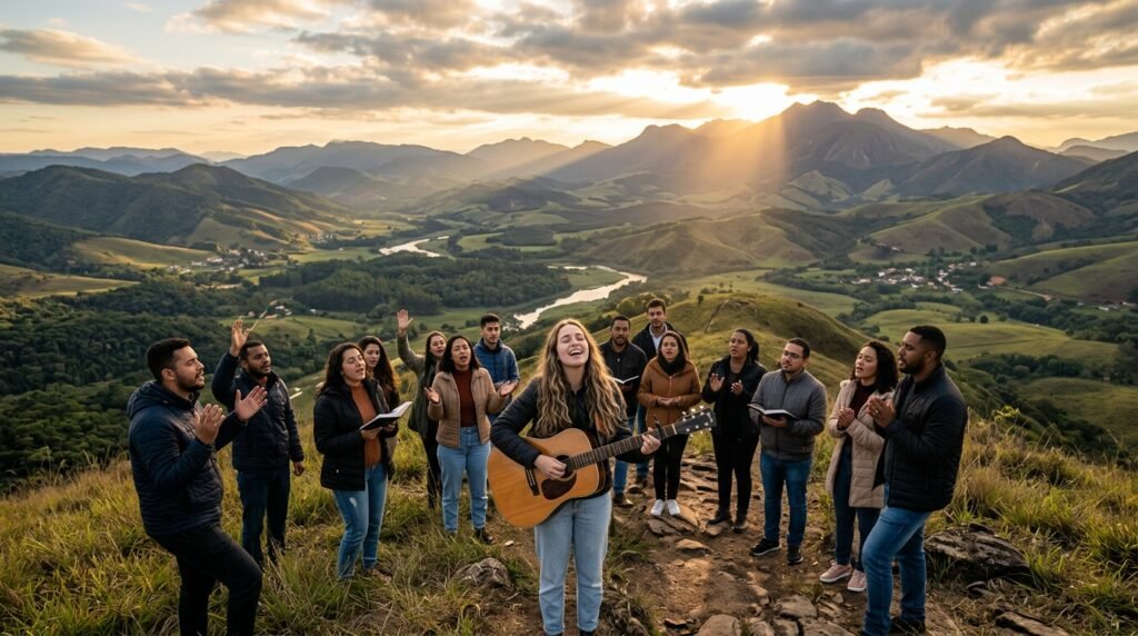 Representação visual da fé e da música gospel, transmitindo esperança e um poderoso avivamento espiritual. A arte que transforma vidas, inspirada em versículos bíblicos e hinos da harpa, ecoando a mensagem de Deus.