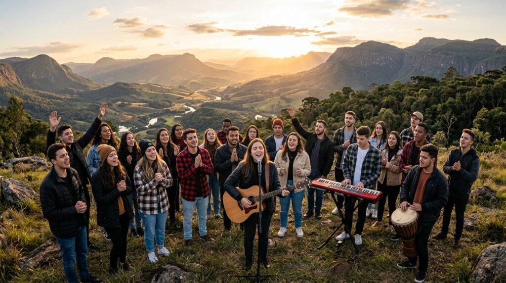 Jovens da Geração Z expressando sua fé e espiritualidade através da música gospel, buscando avivamento espiritual e renovação.