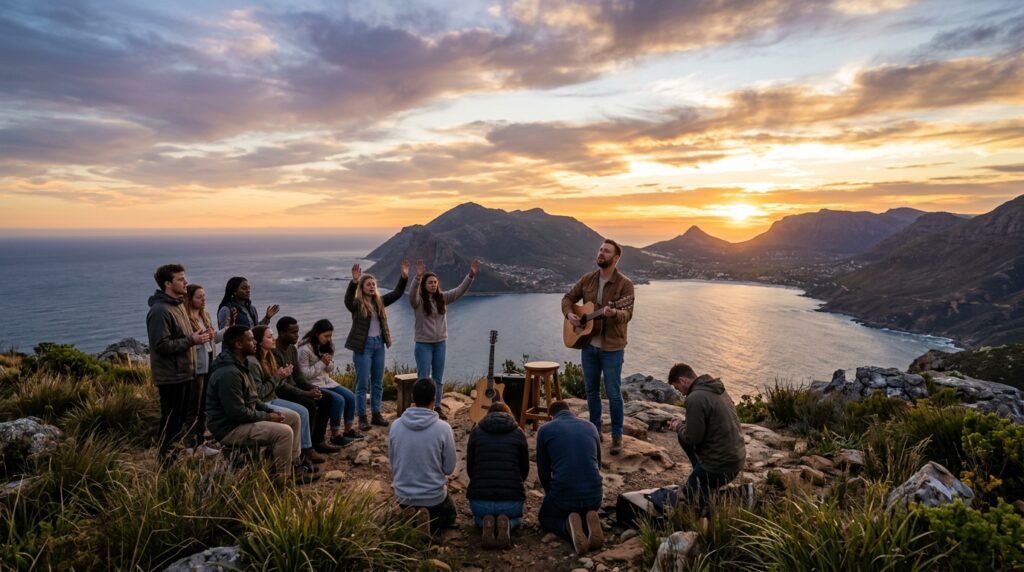 Imagem ilustrativa da conexão entre música gospel moderna e oração, com artistas expressando fé e adoração. Representa o poder do louvor para o avivamento espiritual.