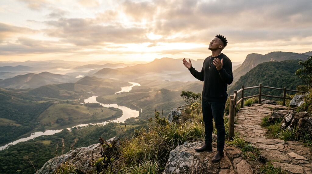 MC Daniel, cantor, em um momento de reflexão sobre sua nova carreira gospel. Sua jornada de fé e transformação é um testemunho de renovação espiritual e avivamento, marcando um novo propósito em sua vida.
