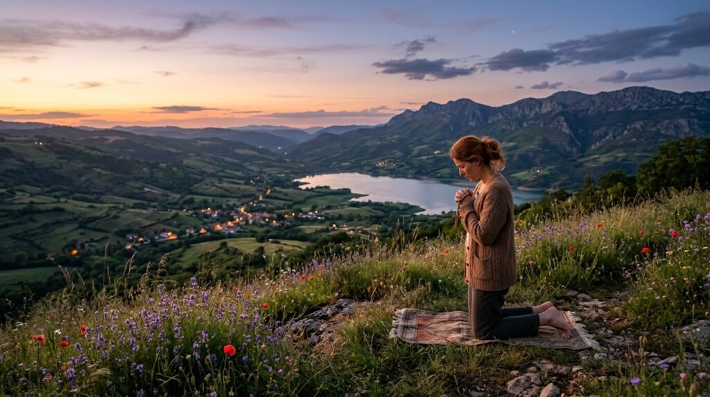 $title$ $focuskw$ Cena serena de oração noturna, simbolizando paz, descanso e renovação espiritual. Um momento de conexão com Deus para avivamento e tranquilidade da alma.