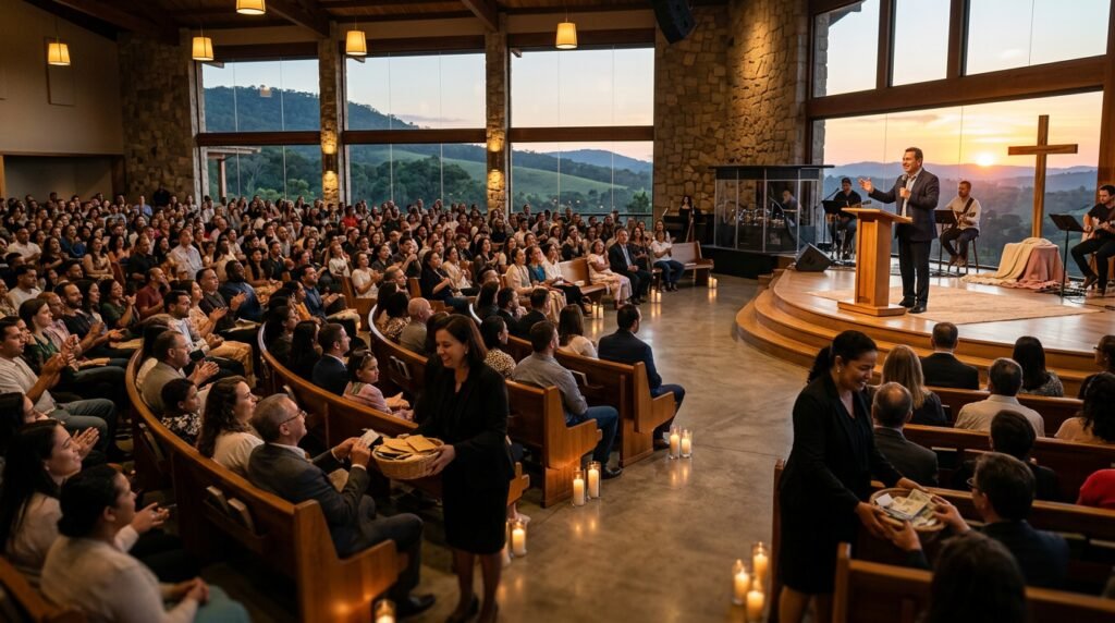 Mãos em gesto de oferta durante um culto, representando a generosidade e a fé. Este momento da palavra de oferta, guiado por versículos da bíblia, inspira gratidão e contribuição.