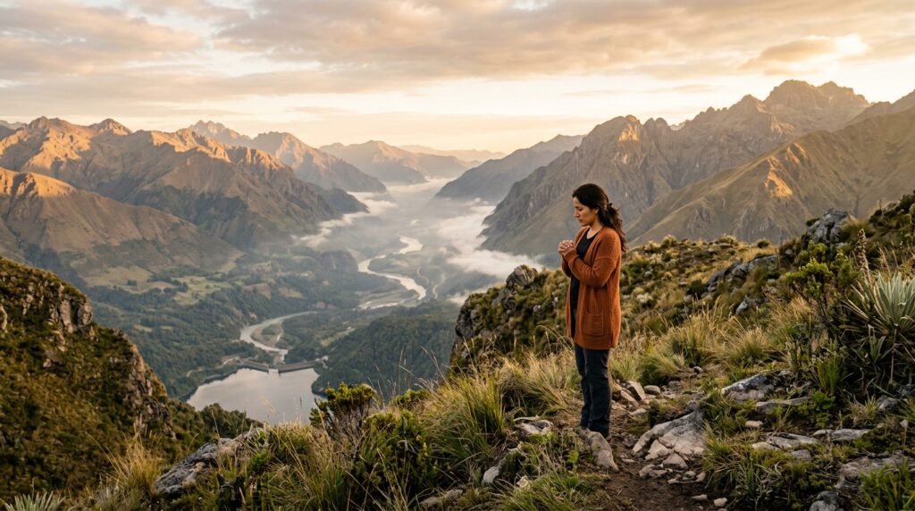 Pessoa em postura serena, simbolizando paz interior e confiança em Deus. A imagem representa a busca por serenidade e a superação da ansiedade, inspirando a reflexão e a prática de um salmo para ansiedade.