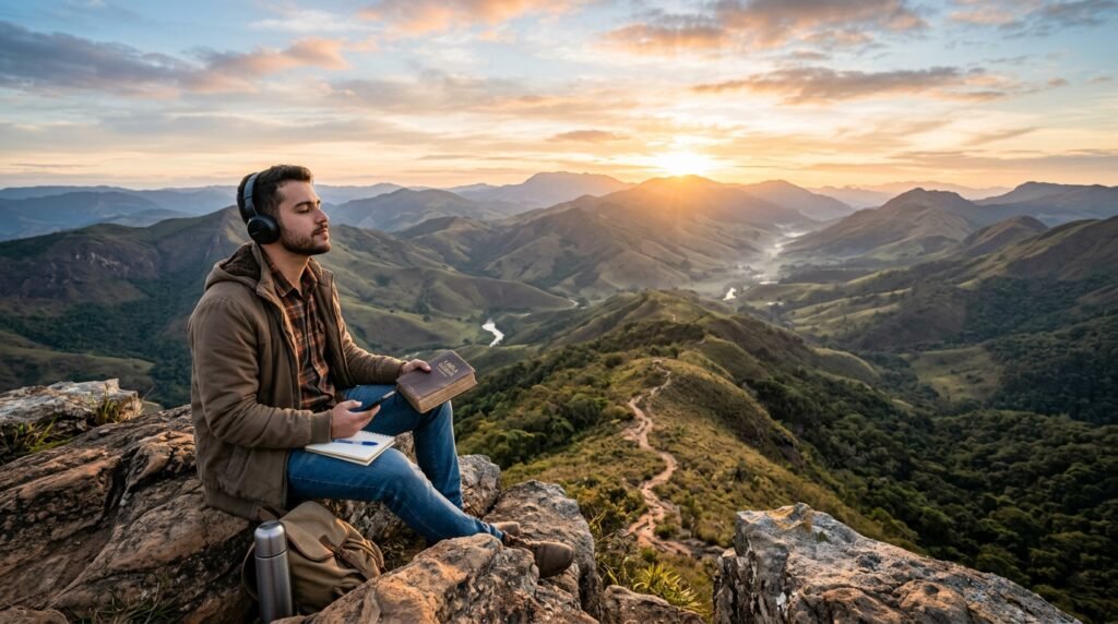 Imagem ilustrativa de uma pessoa ouvindo um podcast gospel, simbolizando o fortalecimento da fé e a vida espiritual. Oferece inspiração com versículos sobre avivamento e renovação espiritual, nutrindo a palavra de Deus.