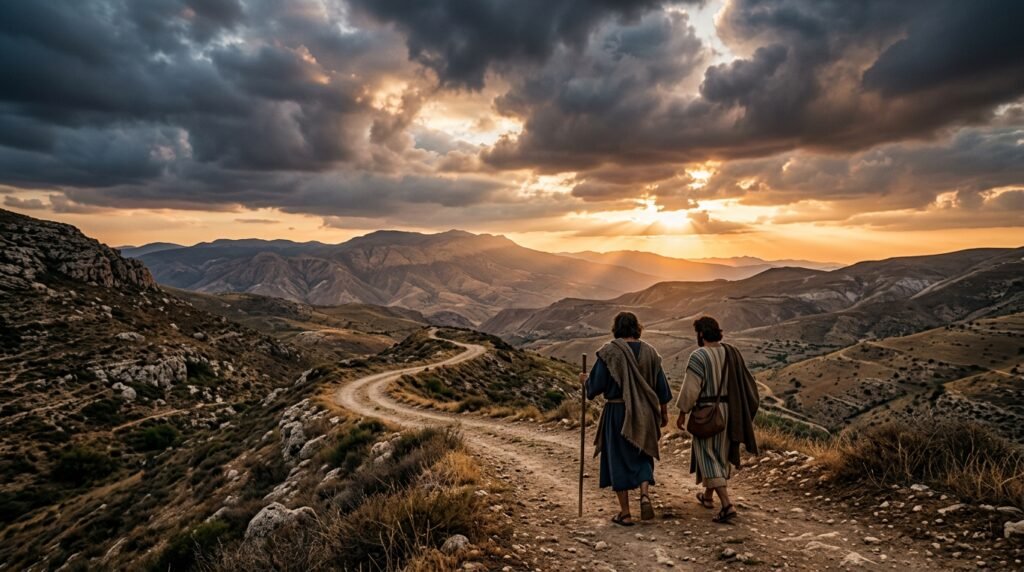 Dois discípulos caminhando em uma estrada rústica, simbolizando a busca por reconhecer a presença de Deus no caos e a fé em tempos difíceis, como no caminho de Emaús.