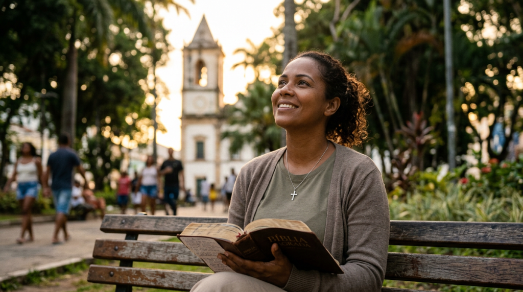 Uma pessoa em meditação, encontrando paz e força para a alma através da leitura do Salmo de Hoje, buscando renovação espiritual e avivamento na Bíblia.