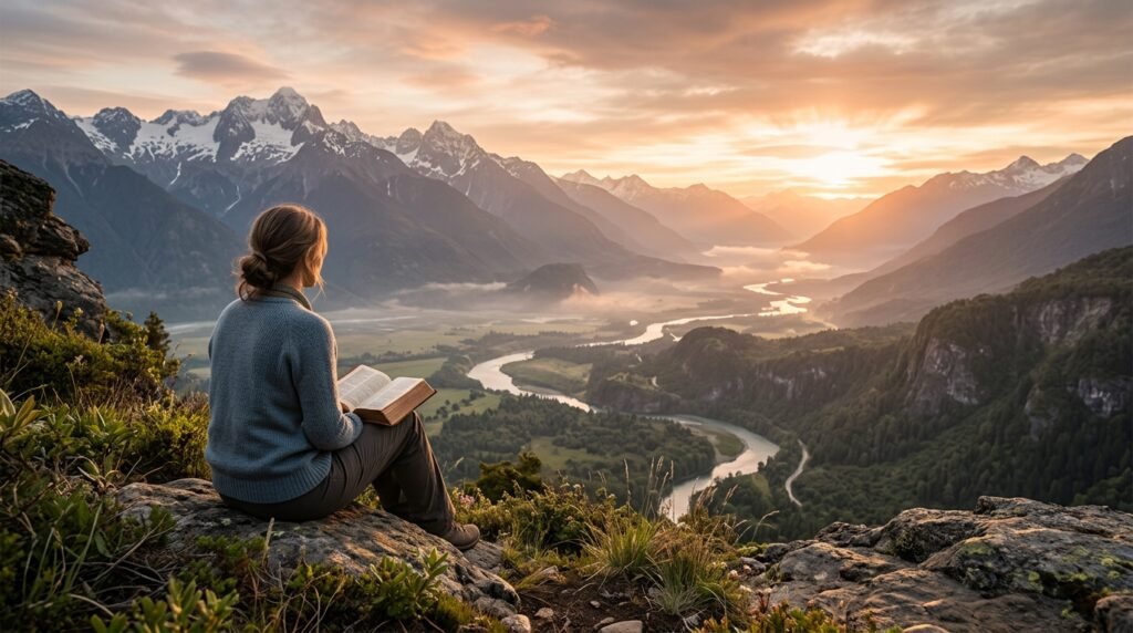 Uma Bíblia aberta, simbolizando os salmos que oferecem paz e força ao coração. A Palavra de Deus é um bálsamo para a alma, trazendo consolo e renovação espiritual, como o salmo para ansiedade 121.