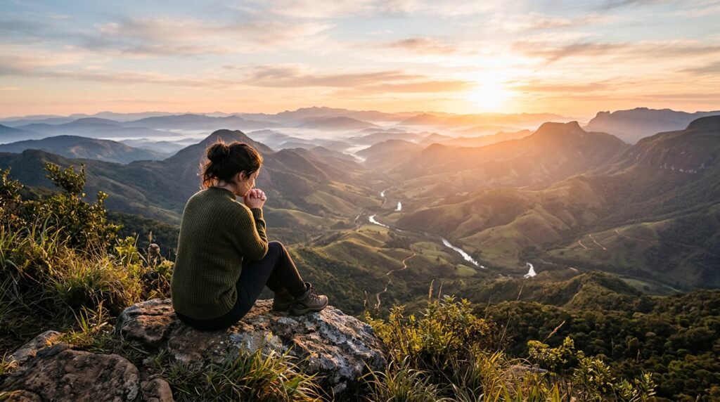 Pessoa em oração, buscando esperança e paz em momentos de solidão. A fé é um caminho para o crescimento espiritual e avivamento, transformando a vida e a conexão com Deus.