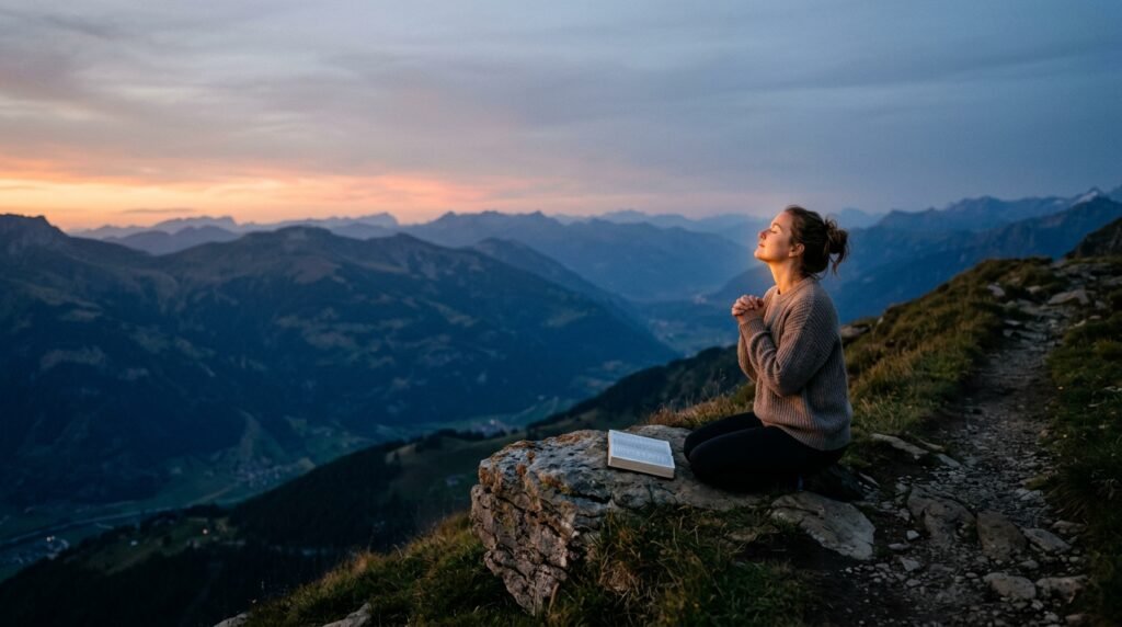 Mãos em oração, simbolizando a busca por paz e descanso para superar a ansiedade noturna, com fé e renovação espiritual.