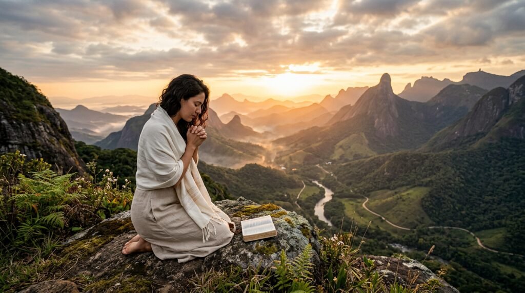 Imagem simbólica de uma pessoa em oração, buscando libertação da culpa e paz interior pela fé. Representa esperança e o caminho para o avivamento espiritual.
