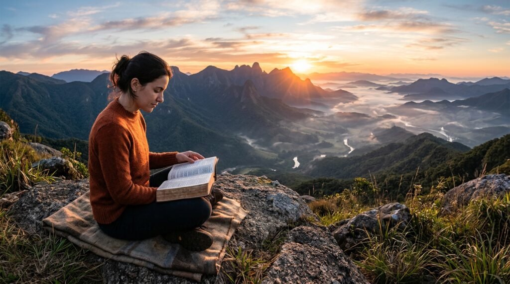 Uma Bíblia aberta em uma página iluminada, simbolizando a busca pelo versículo do dia. Representa a palavra de Deus como fonte de inspiração, avivamento e renovação espiritual.