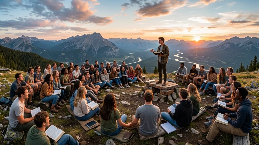 Grupo de jovens reunidos em um culto, com a Bíblia aberta, buscando versículos de avivamento para inspiração e transformação. Uma mensagem poderosa para a fé jovem.